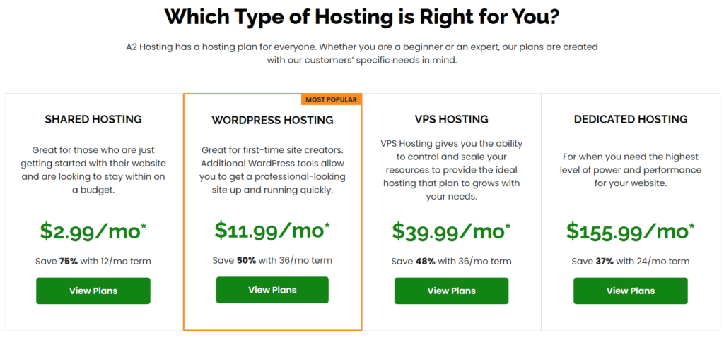 screenshot of A2hosting pricing