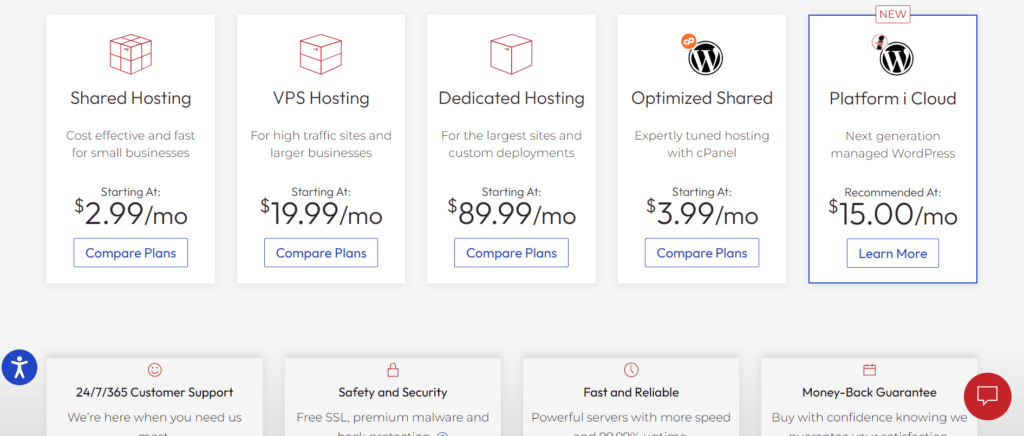 screenshot of Inmotion hosting pricing