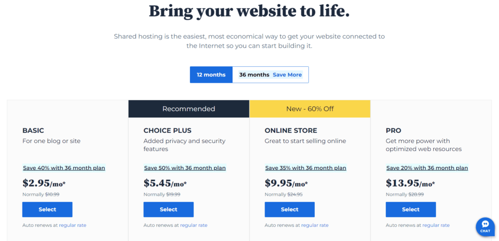 screenshot of bluehost hosting pricing