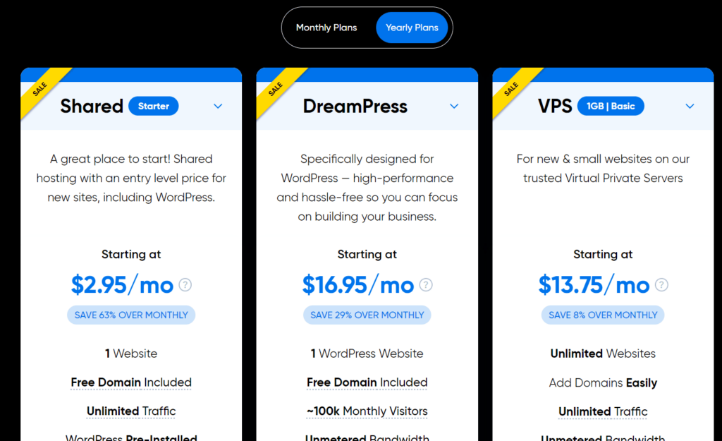 screenshot of dreamhost hosting pricing