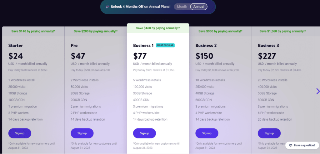 screenshot of kinsta hosting pricing