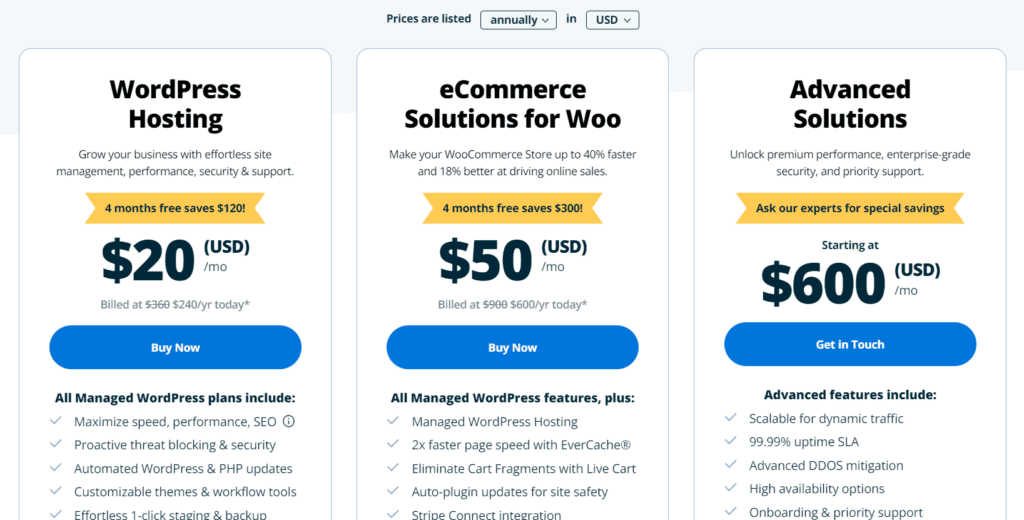 screenshot wpengine hosting pricing