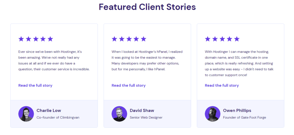screenshot of hostinger users reviews and testimonials