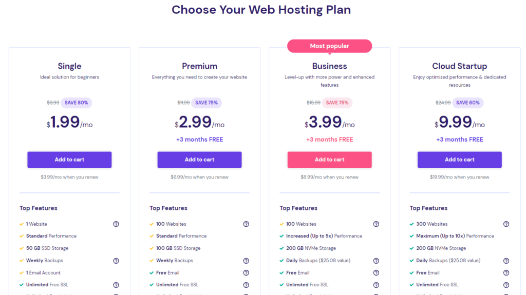 screenshot of hostinger shared hosting pricings and plans