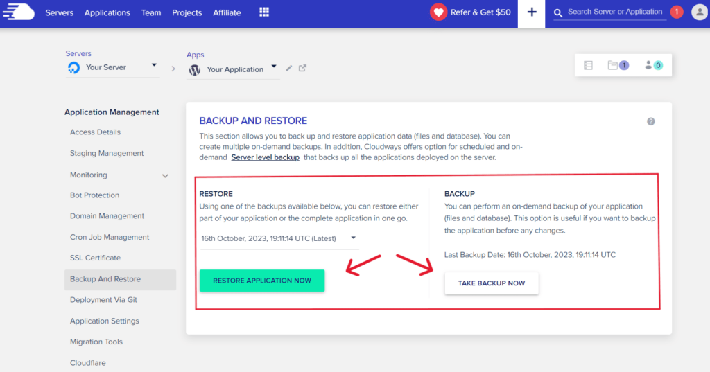 screenshot of cloudways backup and restoration dashboard