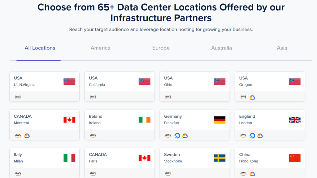 screenshot of cloudways hosting data centers