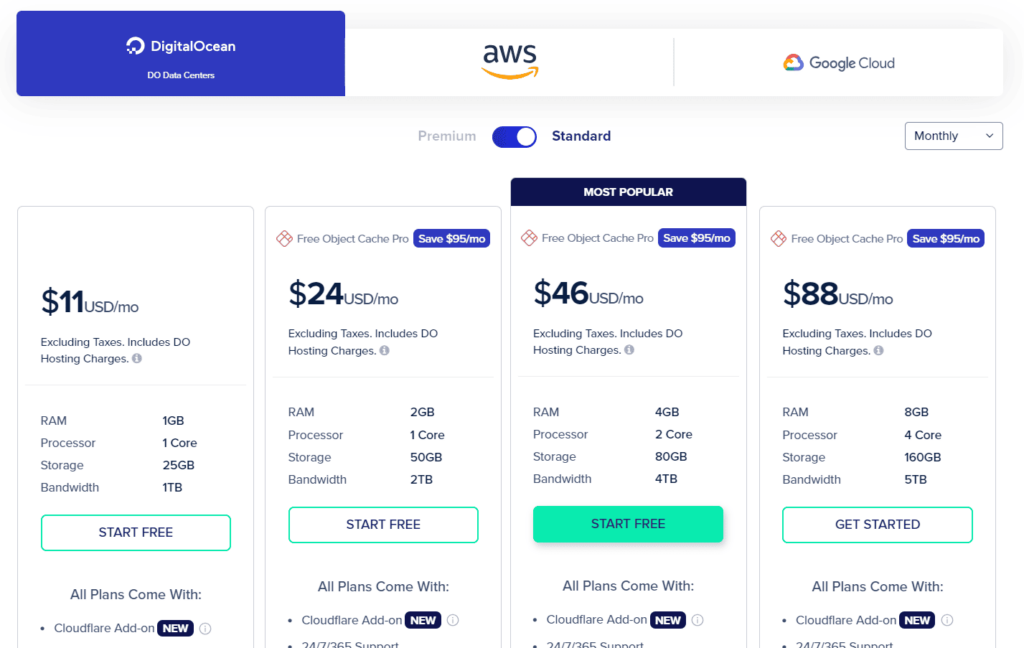 screenshot of cloudways hosting digitalocean server featues and pricing