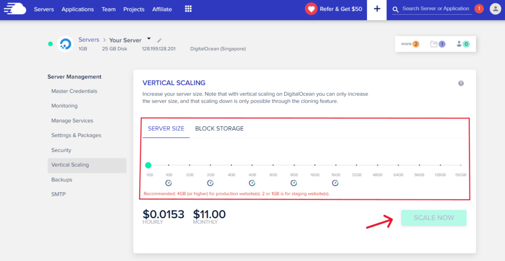 screenshot of cloudways vertical scaling dashboard