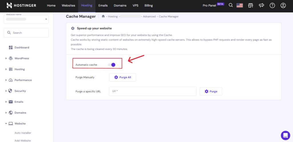 screenshot of hostinger cache manager