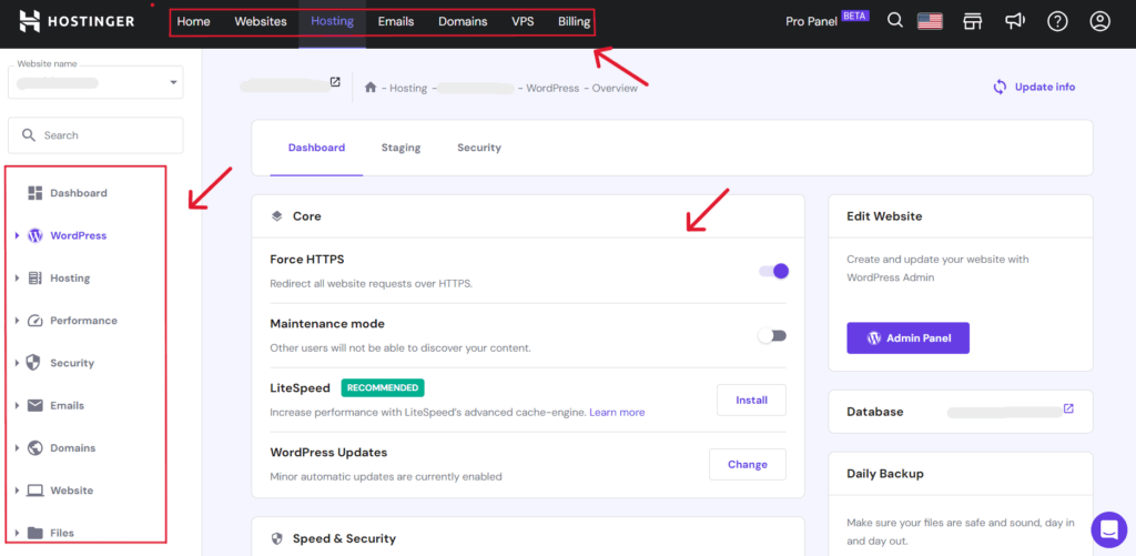 screenshot of hostinger hpanel dashboard