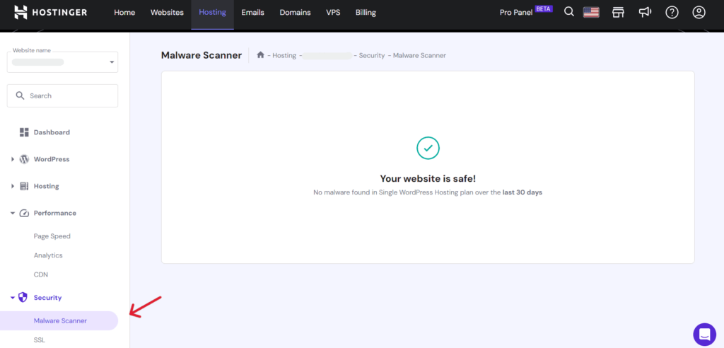 screenshot of hostinger malware scanner