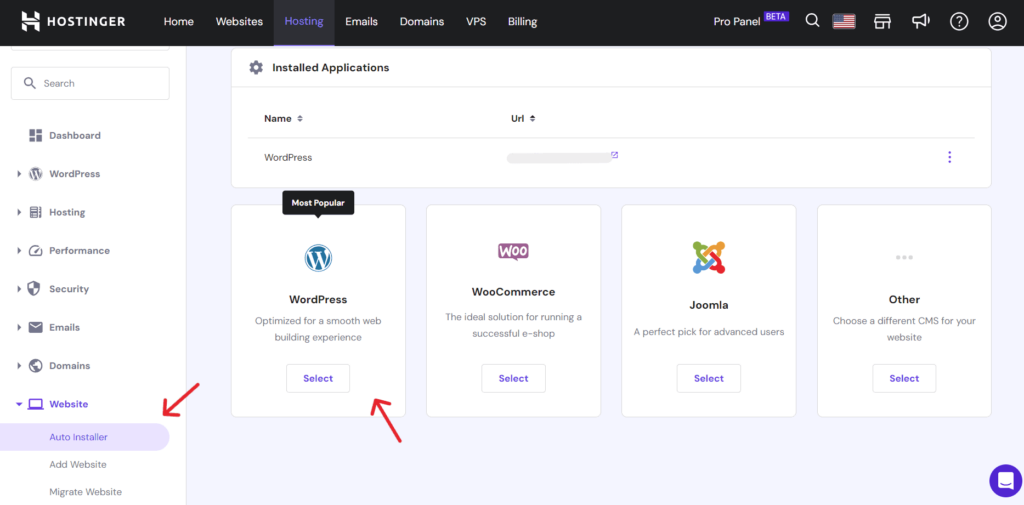 screenshot of hostinger auto WordPress install