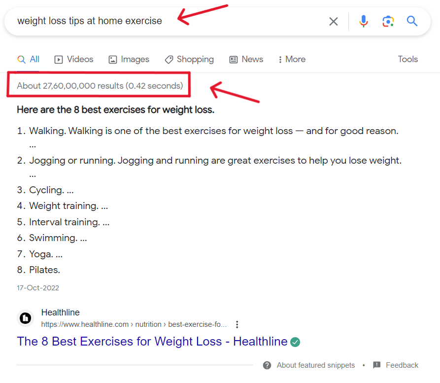 screenshot of showing example for google results for particular keyword. example for no instant results in SEO
