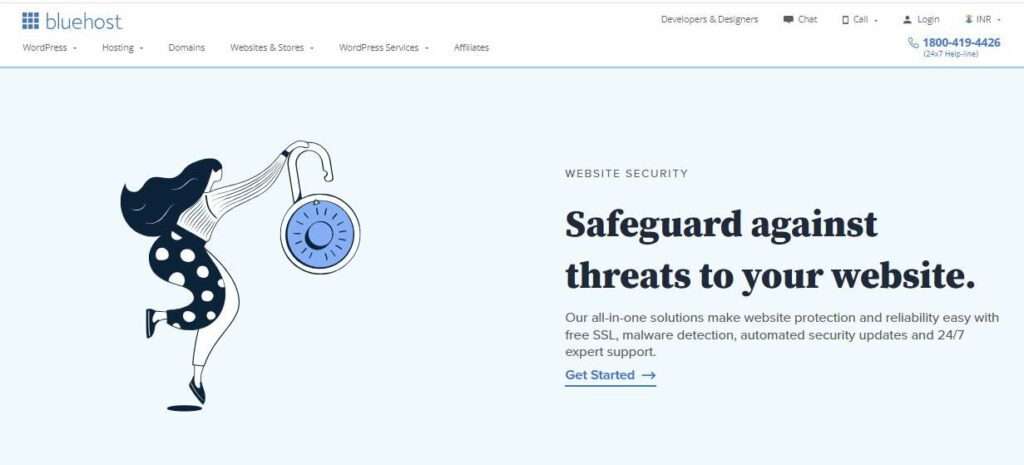 screenshot of bluehost hosting security features