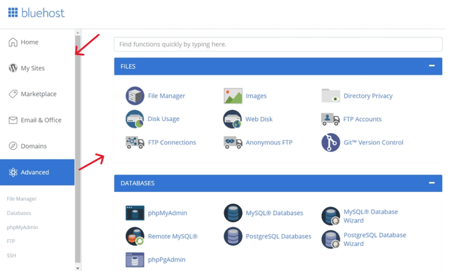 screenshot of bluehost hosting user control panel dashboard