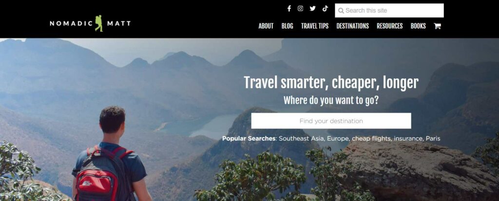 screenshot of nomadic matt travel blog