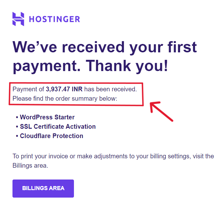 screenshot of Hostinger web hosting investment purchase details
