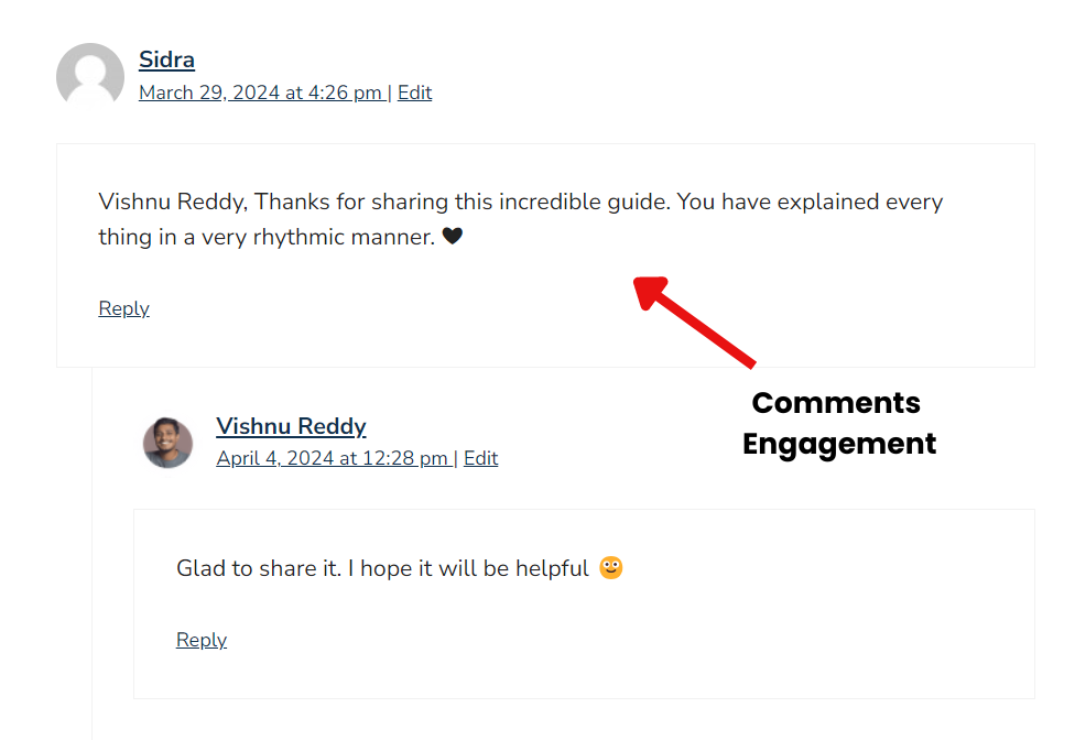 screenshot of a visitor comment engagement on seovishnu blog